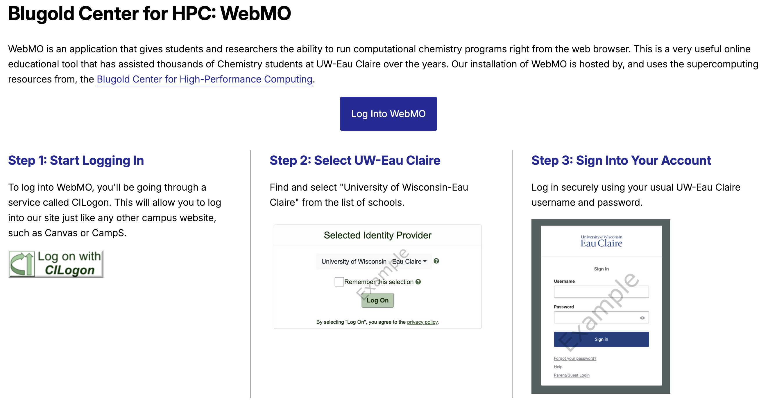 WebMO - Start screen with instructions on how to log in.