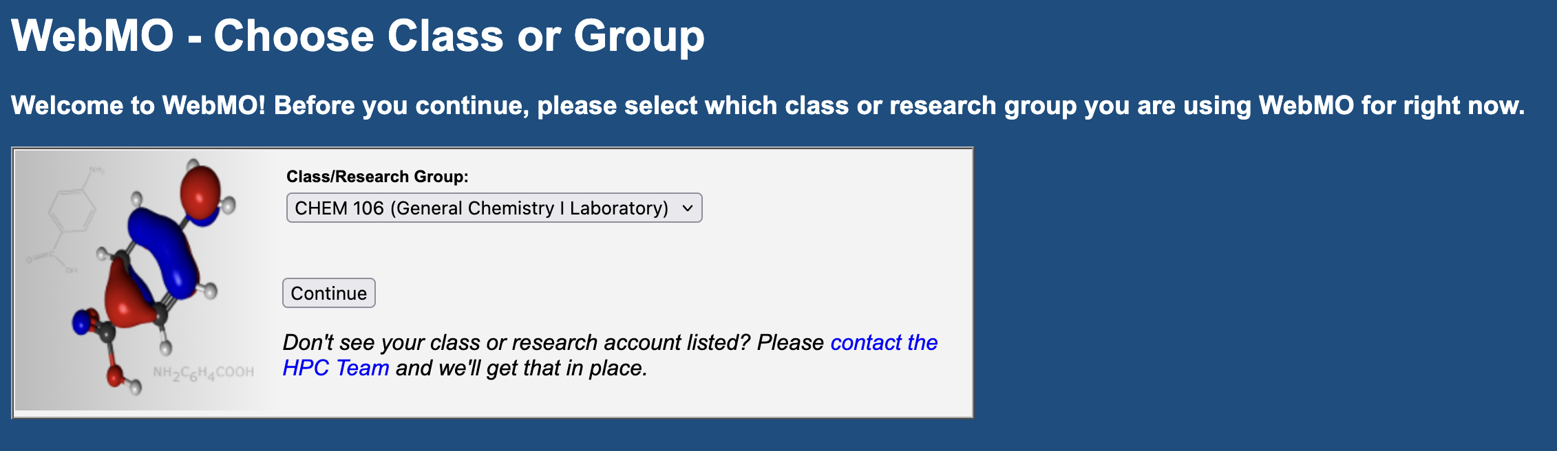 WebMO - Select which class or research group you are currently doing work for