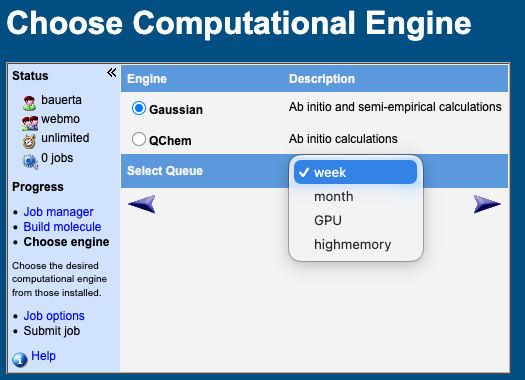 WebMO - Select which computational engine you want to use.